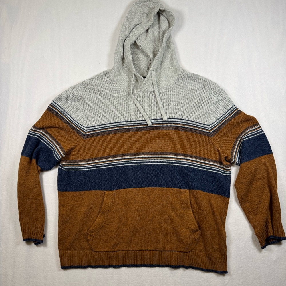 American Eagle Outfitters Hooded Striped Knit Sweater in Gray, Brown & Navy